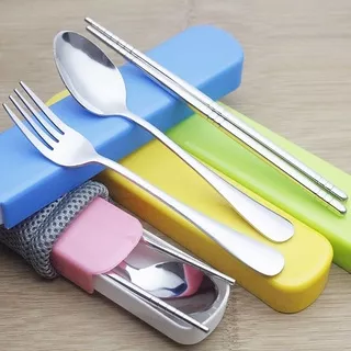 Sendok set Travel 3Pcs Stainless Steel Set Alat Makan Sendok Garpu Sumpit / Spoon Fork Chopsticks LUCU warna warni murah berkualitas