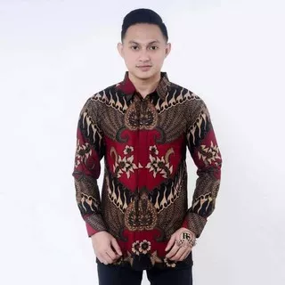 Hem Batik Kemeja Pria Lengan Panjang Ekslusif Motif Garuda Merah