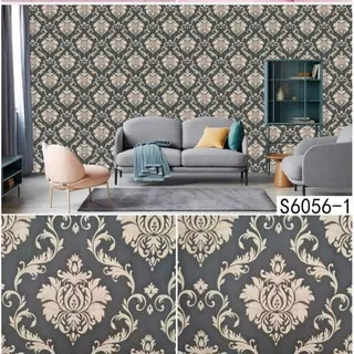 wallpaper dinding motif batik bunga gold hitam.ul panjang 10 meter lebar 45 cm