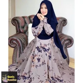Gamis Motif Monalisa Lisa Milani Cream Wolfis Lebar Klok 4 Meter Setelan Khimar Hijab Ceruti Ceruty