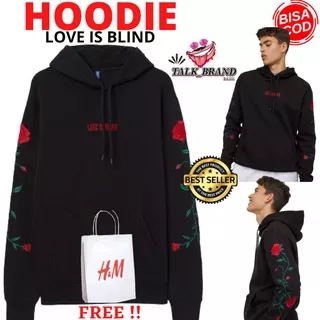 Hoodie H&M Love is blind rose black Sweater Hnm Love is blind rose hitam bordir ful label Gratis paper bag h&m