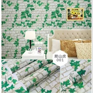 Grosir Wallpaper  dinding murah motif bata putih berdaun hijau vintage