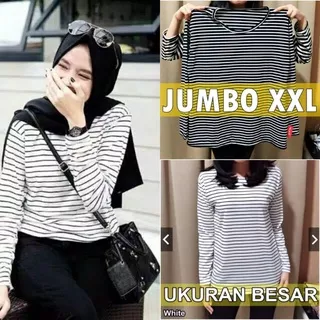 Pakaian Baju Atasan Blouse Blus Kaos O neck Oneck Adem Belang Salur Motif Garis Hitam Putih Bahan Spandex Spandek Lengan Panjang Longsleeve Ukuran Size M L XL XXL Jumbo Fashion Wanita Cewek Perempuan Murah Bisa COD