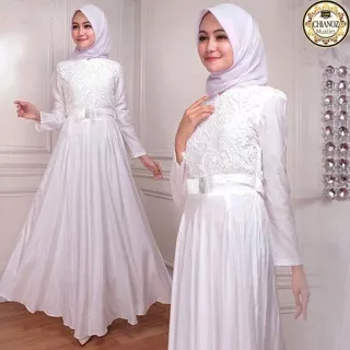 CHIANOZ Gamis Putih Katun Mewah Premium Sutra Silky Silk Brukat Renda Busui Jumbo Kalung Mutiara Fashion Muslim Wanita / Busana Muslim Lebaran Haji Umroh Manasik / Gamis Syari Pesta 130 156 202