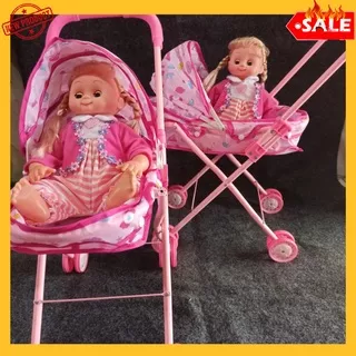 (lochic)Mainan Boneka Kereta Dorong/Stroller boneka bayi + stroler bisa bernyanyi untuk 3 tahn R4E1