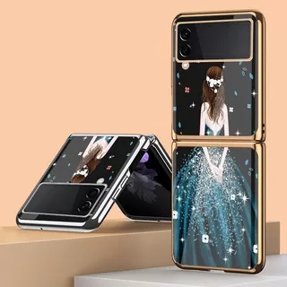 Z Flip 3 Casing Case for Samsung Galaxy Z Flip 3 Z Flip 2 Z Flip 5G Z Fold 3 Z Fold 2 Beauty Black Background Blue Skirt Pattern Plating Tempered Glass Protection Mobile Phone Case Cover Z Flip 3