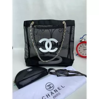 CHANNEL TOTE BAG TRANSPARAN FREE POUCH