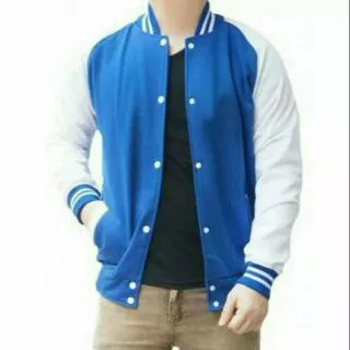 PROMO JAKET BASEBALL POLOS VERSITY BIRU PUTIH PREMIUM CEWEK COWOK TERMURAH