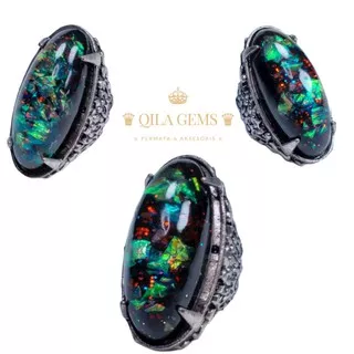 (COD-BAYAR DI TEMPAT) Batu Cincin Black Opal / Kalimaya Hitam Tim Tim Model Pandan Top Color