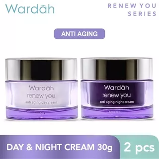 (Dapat 2 Pcs) Day Cream & Night Cream Wardah Renew You Anti Aging 30gr / 17ml - Mousturizer / Pelrmbab / Krim  Pagi Siang & Malam Skincare Wajah BPOM Halal ORIGINAL - Wardah Ungu