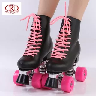 Double row roller skate leather black high boot pink wheels skating shoe Aluminum alloy tripod