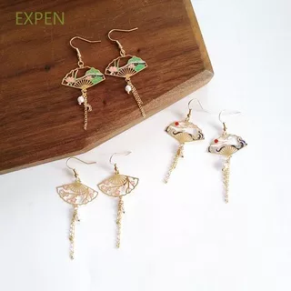 EXPEN Cloud Long Drop Earrings Cherry Blossoms Chinese Elements Ear Hoop Pearl Chain Pendant Tassel Leaf Lotus Hollow Fan