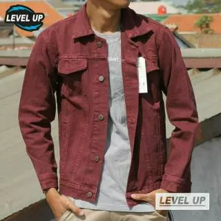 Jaket jeans MERAH MAROON kerah saku dalam panjang pria wanita modis gaya denim merk levi