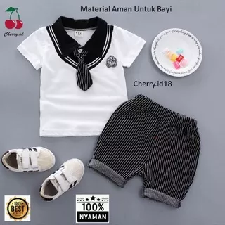 (0-2 Thn) COD Setelan Baju Bayi Laki-Laki Import ( T-shirt + Celana) - Putih, 0-6 Bulan