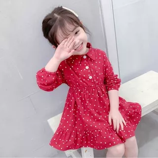 DD009- Dress anak/baju anak /pakaian anak perempuan lengan panjang motif polkadot dengan kancing