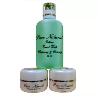 Paket Krim Wajah Pure Natural Whitening & Glowing / Cream Pagi SPF 50, Malam & Sabun Cair Original