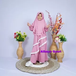 BISA COD Gamis Anaka Syari Polos Renda Set Khimar ( Warna Pink) ( Bahan Wolly Crepe)