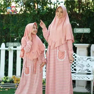 Gamis Couple Ibu Anak & Kakak Anak Tanggung Remaja Dewasa Bahan Kaos Salur Tebal Dusty Pink