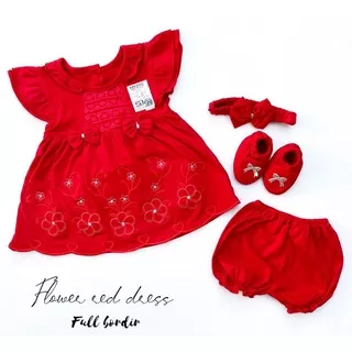 FLOWER RED dress Baju Merah 1 bulan one month Pakaian Setelan Celana Bandana Anak Bayi Perempuan Cewek Terlaris Lucu Murah silucubabyshop