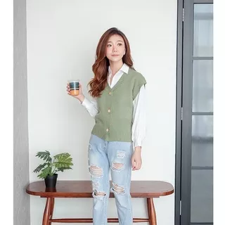 COTTONBELLS ATASAN CASUAL WANITA BORA BUTTON KNIT VEST TOP (LQ - B 12084)