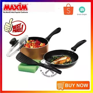 MAXIM satu set / Maxim Venice Set (Panci 17cm+ Tutup Kaca+ Wajan 20cm+ Spatula+ Sponge) / Teflon