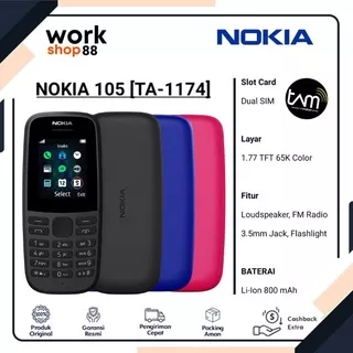 HP Baru Nokia 105 Dual Sim TA-1174 - New TAM Garansi Resmi 1 Tahun - Handphone Smartphone Biasa Jadul NK DS Tidak Pakai Non Kamera Ori Original - Warna Terbaru Black Hitam Blue Biru Pink Merah Muda BBS - Promo Murah Lebay
