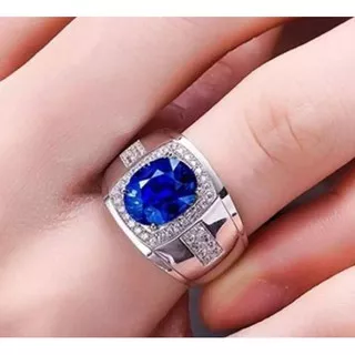 PRODUK BEST SELLER Cincin Pria Akik Safir Biru Ring Warna Perak Batu Blue Sapphire Cubic Zirconia [K
