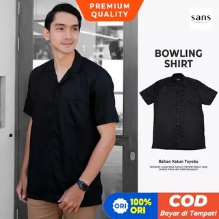 Kemeja Pantai Pria Polos Lengan Pendek Bowling Shirt Baju Hawai Pria Bahan Toyobo Kekinian Hitam