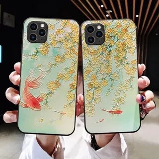 Casing TPU iPhone 13 12 mini 11 Pro Max X XS XR 6 6S 7 8 Plus SE 2020 Chinese Style Yellow Flower Carp Embossed Phone Case