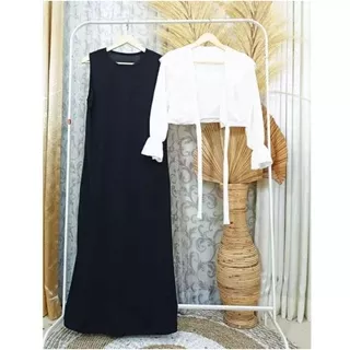 [ Bisa COD ] ONE SET DRESS MUSLIMAH / INNER + OUTER LENGAN SERUT PUTIH HITAM / SETELAN WANITA / OOTD DRESS