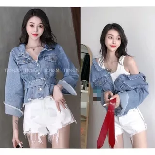 Shirley Belted Jeans Jacket Crop Wanita Korean Style Denim Import Cantik Murah Best Seller New