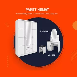 Paket Hemat Furniture Ruang Kamar Lemari Pakaian 3 Pintu + Meja Rias Murah Minimalis Modern