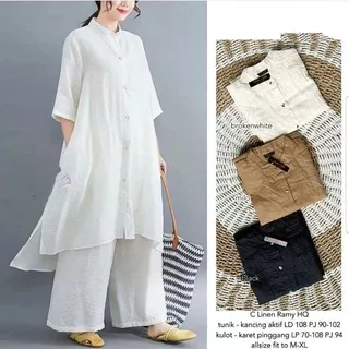 Setelan Muslim Wanita Terbaru / One Set Tunik+Kulot Bahan Katun Linen / OOTD Muslim Murah / Titan One set