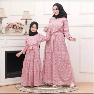 Gamis Couple Ibu dan Anak Perempuan Muslim Terbaru 2022 Gamis Brukat Cople Hitam Putih Baju Lebaran