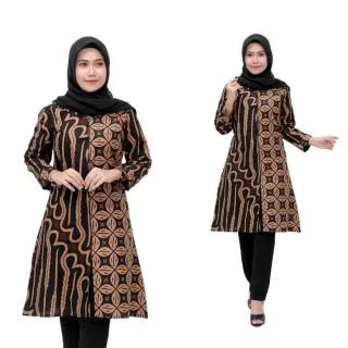 Atasan Batik Wanita Tunik Sogan Parang Kawung Zipper Depan Lengan Panjang Baju Kantor Dinas Seragam