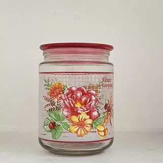 Toples Kaca Kue kering Kedap Udara Motif bunga merah Toples Lebaran