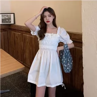 White Drawstring A Line Mini Dress / Dress Casual Kasual / Summer Beach Dress / Korean Dress Korea / Vintage Retro Dress / Cute Style Kekinian