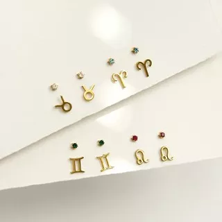 Zodiac Birthstone Star Stud Earrings Set — 18K Gold Plated Silver Stainless Steel Anting Anti Karat