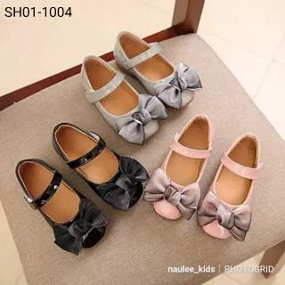 26-36. PANTOFEL SHOES KOREAN RIBBON GRADATION BLACK GREY PINK SEPATU PESTA CEWEK VELCRO HITAM ABU