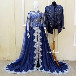 Sarimbit Couple Sepasang Kebaya Pengantin Ekor Navy Panjang Payet Rok Jarik Pesta Resepsi Pernikahan