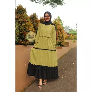 Gamis Syar`i Wanita Muslim Bahan Wolfiss Hijau Lemon Hitam