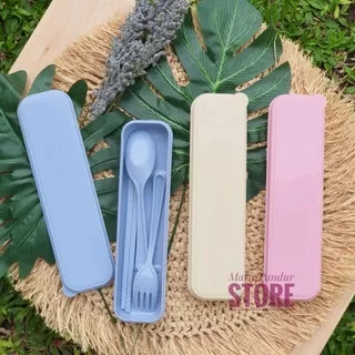 Sendok Garpu Sumpit Set/Sendok Jerami Gandum Set/Sendok Makan Portable Set Box Murah/Sendok Traveling