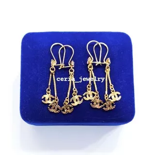 ANTING PANJANG PERAK ASLI SILVER 925 LAPIS EMES MODEL CHAN*LL - PERHIASAN SILVER PERAK ASLI - IMPORT