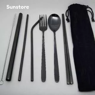 Paket Lengkap 8 Pcs Sedotan Sendok Garpu Sumpit Stainless Korea Premium Cutlery Travel Set