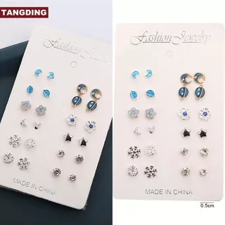 ?COD Tangding?12 Pairs of New Fashion Earrings Set with Diamond Moon Earth and Stars Earstuds Jewelry Accessories