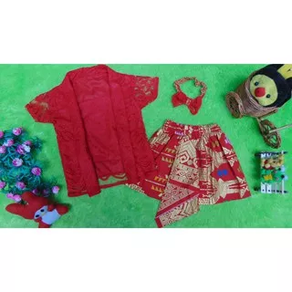 kembarshop Set Kebaya Kutu Baru Brokat Brocade Elegan Bayi 6-18bulan Plus Headband Merah