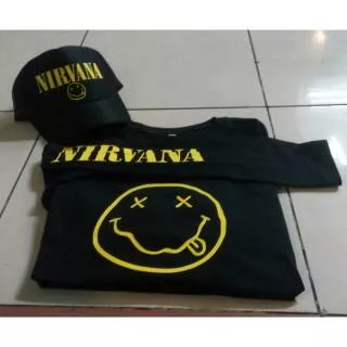 KAOS BAND NIRVANA BONUS TOPI - LONG SLEEVE - 100 COTTON - POLYFLEX - TANAH ABANG