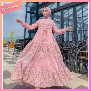 Alisa Dress -Long Dress Pesta - Gamis Brukat Tile -Wedding Dress - Gamis Brukat Terbaru (Free Hijab)