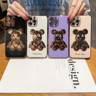 3D Cute Power Bear 4 Color Plating Soft Case For iPhone 13 11 12 Pro Max Mini 12Pro 13Pro SE 2020 X XS Max XR 7 8 Plus Casing TPU Full Protection Cartoon Cover