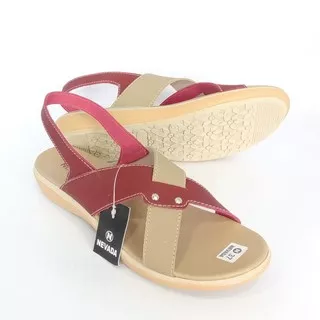 Sepatu Sandal Wanita Tali Silang Warna Kombinasi Marun-Krem & Coklat-Krem